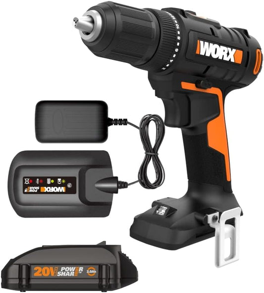 WORX Cordless Drill Driver, 20V 1/2-Inch, WX108L | 20+1 Clutch, 2-Speed Gearbox, All-Metal Gears and LED Light, 2.0Ah Battery and Charger Included, Powershare
