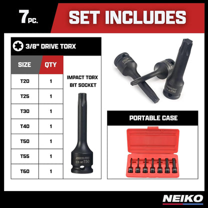 01132B 3/8” Drive Torx Star Driver Bit Socket Set | 7 Piece | T20 to T60 | 3” Length | Cr-Mo Impact Grade