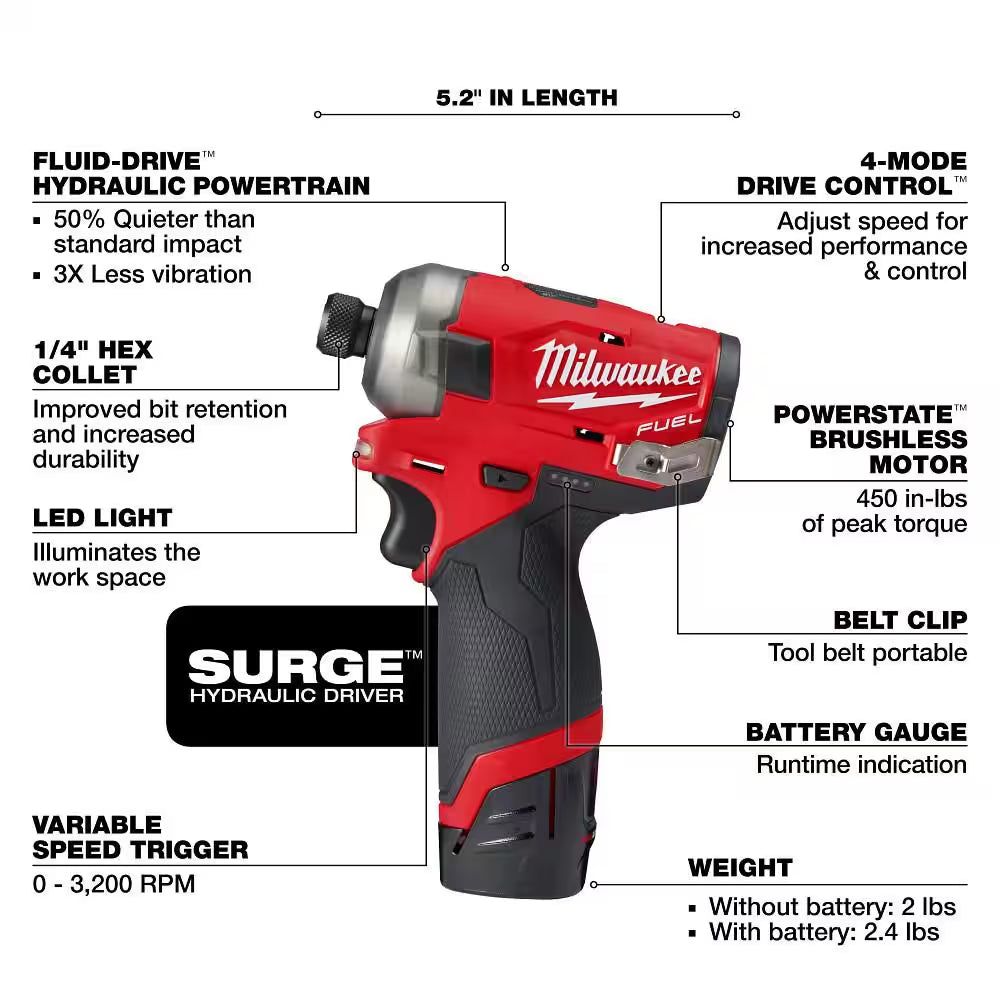 M12 FUEL SURGE 12V Lithium-Ion Brushless Cordless 1/4 In. Hex Impact Driver Compact Kit W/Two 2.0Ah Batteries, Bag