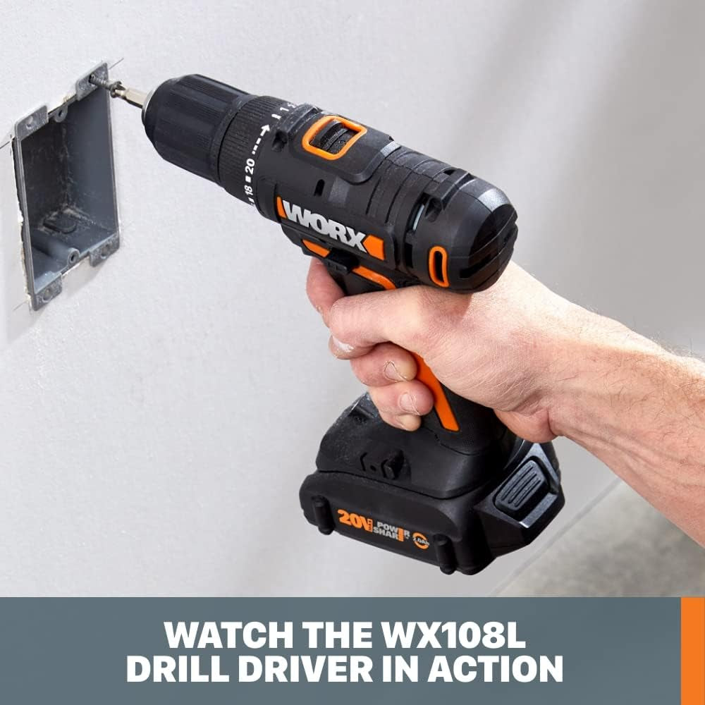 WORX Cordless Drill Driver, 20V 1/2-Inch, WX108L | 20+1 Clutch, 2-Speed Gearbox, All-Metal Gears and LED Light, 2.0Ah Battery and Charger Included, Powershare
