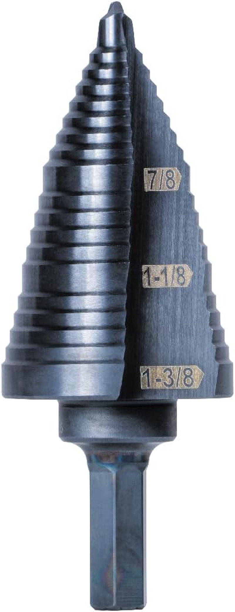 Klein Tools KTSB15 Step Drill Bit #15 Double Fluted 7/8 to 1-3/8-Inch with Easy-To-Read Step Markings and Targets, 3/8-Inch Hex Shank
