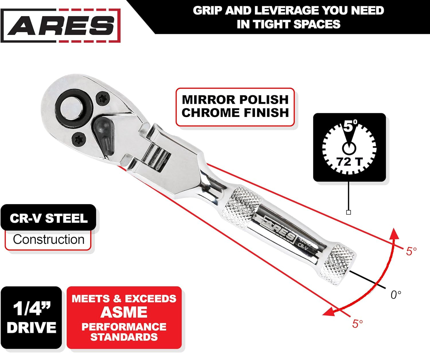 42043 Flex Head Stubby Ratchet, 1/4-Inch Drive 72-Tooth Ratchet | Premium Chrome Vanadium Steel Construction & Mirror Polish Finish