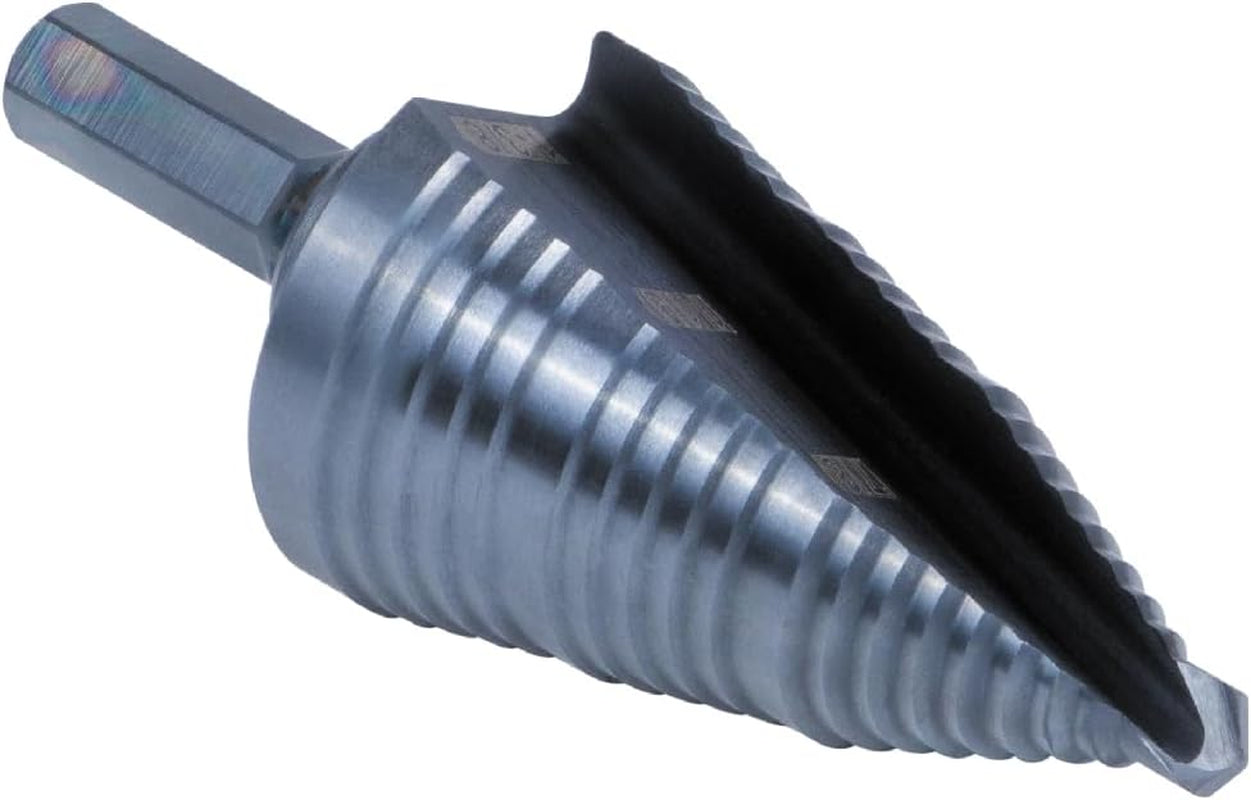Klein Tools KTSB15 Step Drill Bit #15 Double Fluted 7/8 to 1-3/8-Inch with Easy-To-Read Step Markings and Targets, 3/8-Inch Hex Shank
