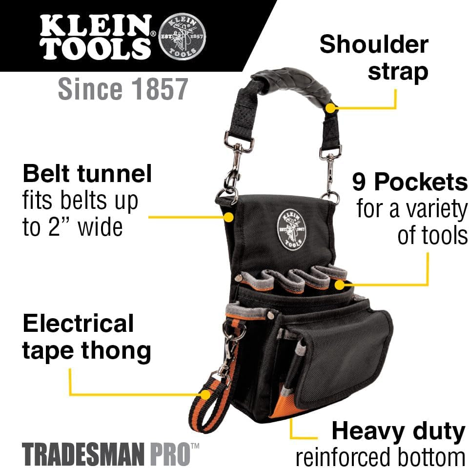 Klein Tools 5242 Tool Pouch, Tradesman Pro Tool Pouch with Electrical Tape Thong, Reinforced Bottom, 9 Pockets