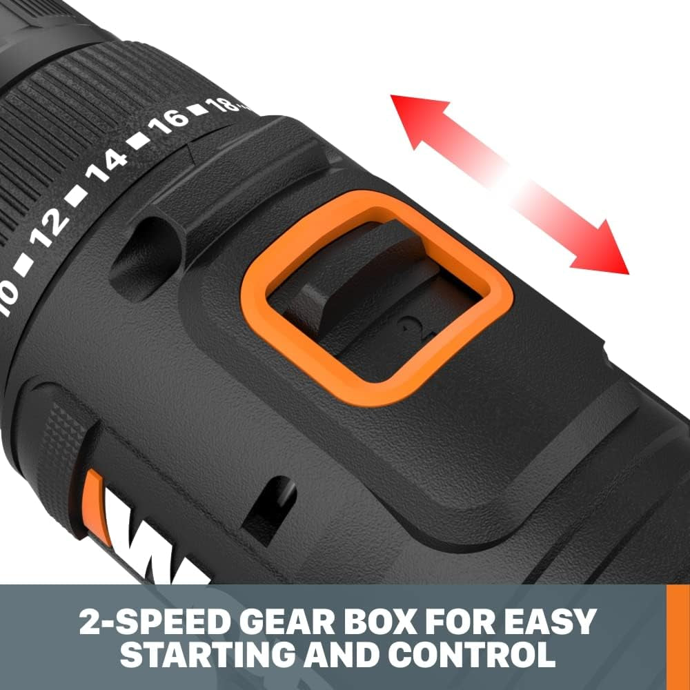 WORX Cordless Drill Driver, 20V 1/2-Inch, WX108L | 20+1 Clutch, 2-Speed Gearbox, All-Metal Gears and LED Light, 2.0Ah Battery and Charger Included, Powershare