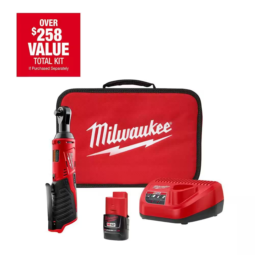 M12 12V Lithium-Ion Cordless 3/8 In. Ratchet Kit with One 1.5 Ah Battery, Charger and Tool Bag