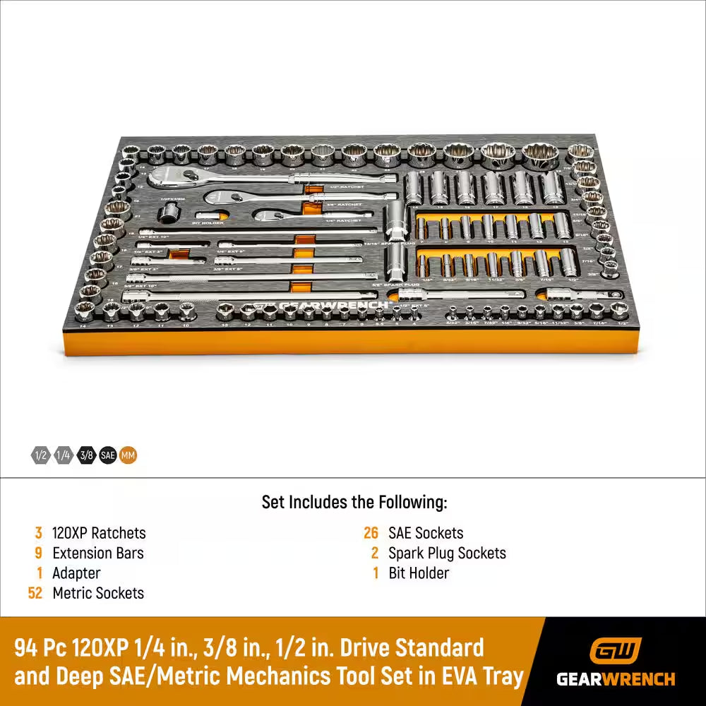 120XP 1/4 In., 3/8 In., 1/2 In. Drive Standard and Deep Sae/Metric Mechanics Tool Set in EVA Tray (94-Piece)