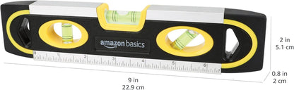9-Inch Magnetic Torpedo Level and Ruler, Easy to Use, 180/90/45 Degree Bubbles, Lightweight, Black