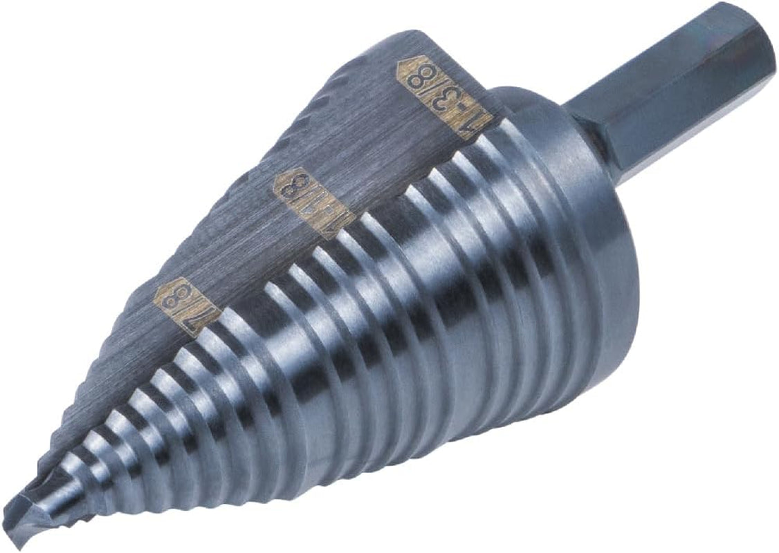 Klein Tools KTSB15 Step Drill Bit #15 Double Fluted 7/8 to 1-3/8-Inch with Easy-To-Read Step Markings and Targets, 3/8-Inch Hex Shank