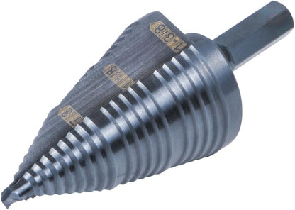 Klein Tools KTSB15 Step Drill Bit #15 Double Fluted 7/8 to 1-3/8-Inch with Easy-To-Read Step Markings and Targets, 3/8-Inch Hex Shank