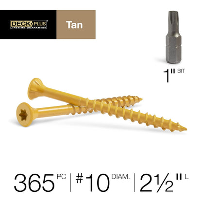 Deck Screws, #10 X 2-1/2In, 365 Pieces,5 Lb Box, Tan | Epoxy Coated Exterior Wood and Fence Screws,Star Drive with Included Coarse Thread T25 Bit Included , Outdoor Rust Resistant