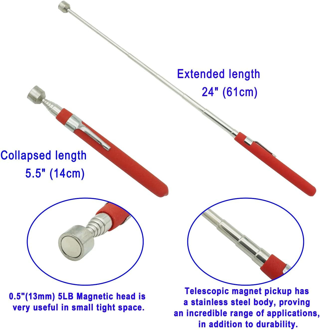 Telescopic Magnetic Pickup Tool,5Lb Magnet Stick,24" Extendable Magnet with Pocket Clip