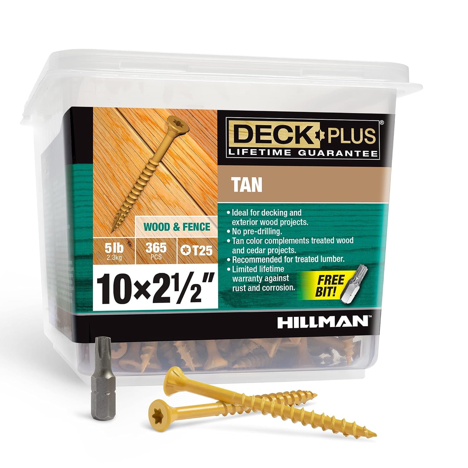 Deck Screws, #10 X 2-1/2In, 365 Pieces,5 Lb Box, Tan | Epoxy Coated Exterior Wood and Fence Screws,Star Drive with Included Coarse Thread T25 Bit Included , Outdoor Rust Resistant