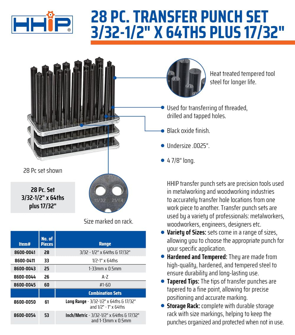 8600-0041 28-Piece Transfer Punch Set – 3/32" to 1/2" by 64Ths + 17/32", Precision Undersize .0025", Hardened Tool Steel, 4-7/8" Long, Black Oxide, Indexed Stand for Accurate Hole Transfer