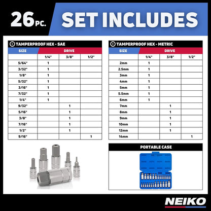 01144A Tamper-Proof Hex Bit Socket Set, 26 Pieces | SAE (5/64-9/16”) and Metric (2-14MM)
